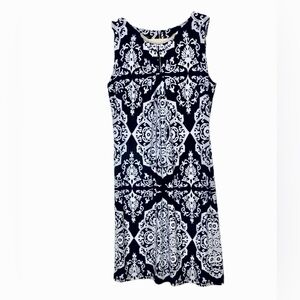 INC sleeveless dress, metal collar detail, medallion print, navy blue & white, M